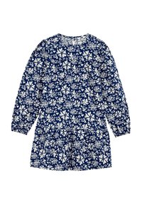 Jūras zilas kleitas ar garām piedurknēm, baltu ziedu rakstu, apaļu kaklu, volānu apakšmalu un sakrautu detaļu vidukļa daļā. Kokvilnas auduma maisījums.