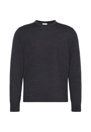 Dunkelgrauer, langärmeliger Strickpullover mit Rundhalsausschnitt und dezentem Calvin Klein Logo auf der Brust.