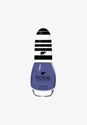 Violetti Kokie Professional -kynsilakkapullo mustavalkoraitaisella korkilla, jossa norsulogo, 16 ml:n koko.