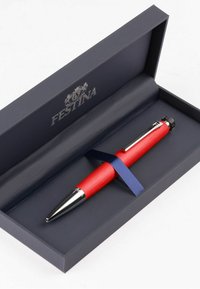 Red metal pen with a textured finish, chrome accents, and a black twist mechanism, presented in a navy-blue box with a ribbon.