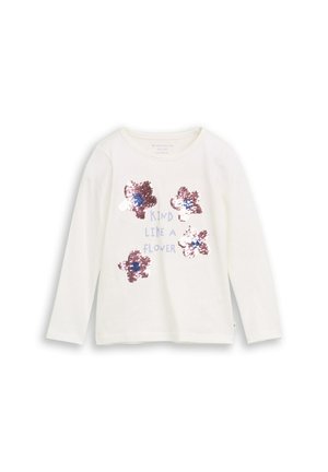 Weißes Langarmhemd mit fünf glänzenden, blumenförmigen Pailletten und dem Text "Kind like a flower" in helllila auf der Vorderseite.