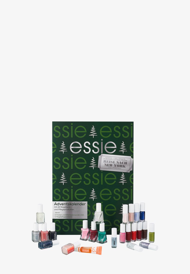 Calendario dell'avvento Essie con una scatola verde caratterizzata da testo bianco e argento, include 24 smalti per unghie in vari colori e un trattamento per labbra.