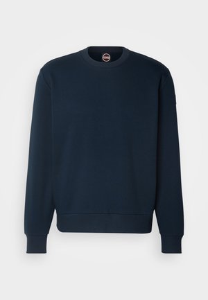 Felpa blu navy in cotone, con colletto rotondo, maniche lunghe, polsini a coste e un logo discreto sul colletto.