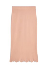 Jupe crayon rose clair avec un ourlet festonné et des découpes florales. Fabriquée dans un tissu lisse et texturé.