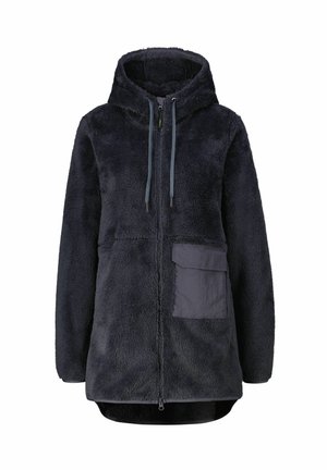 Dunkelblaue Fleecejacke mit Kapuze, Frontreißverschluss und elastischen Bündchen. Hat eine strukturierte Oberfläche und eine Seitentasche aus einem kontrastierenden Material.