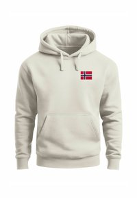 Light beige hoodie with front pocket and small Norway flag emblem on the left chest, featuring drawstring hood and ribbed cuffs.