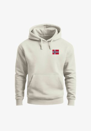 Light beige hoodie with front pocket and small Norway flag emblem on the left chest, featuring drawstring hood and ribbed cuffs.