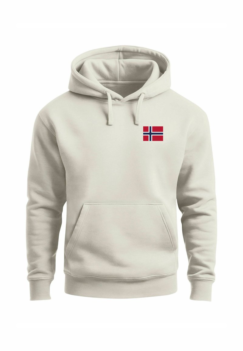 Light beige hoodie with front pocket and small Norway flag emblem on the left chest, featuring drawstring hood and ribbed cuffs.