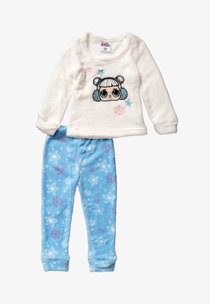 Kinderweiches Pyjama-Set mit weißem Langarm-Oberteil mit Puppengesicht und Ohrenschützern sowie blauen Hosen mit Stern- und Schneeflockenmuster.
