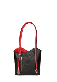 Borsa a tote in ecopelle nera e rossa con superficie testurizzata, due manici rossi, una tasca con zip e un'apertura superiore curvata.