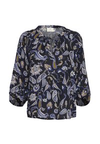 Blusa nera con motivo paisley in blu, crema e oro. Presenta un colletto arricciato e maniche ampie e fluide. Tessuto leggero.
