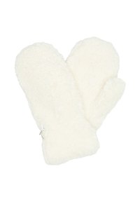Weiße, flauschige Handschuhe aus weichem, strukturiertem Stoff. Abgerundete Spitzen mit einem gerippten Handgelenkabschluss für eine enge Passform. Einfaches Design, keine Muster.