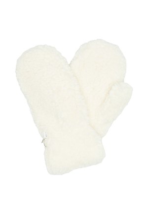 White, fluffy mittens made of soft, textured fabric. Rounded tips with a ribbed wrist cuff for a snug fit. Simple design, no patterns.