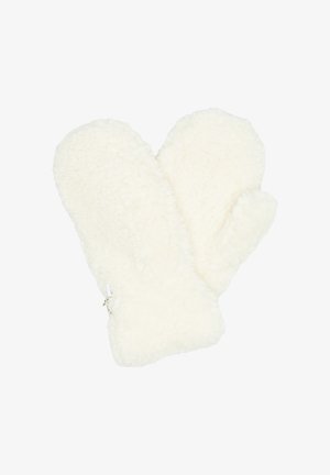 White, fluffy mittens made of soft, textured fabric. Rounded tips with a ribbed wrist cuff for a snug fit. Simple design, no patterns.