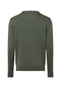 Grüner Pullover, leichtes Strickmaterial, Rundhalsausschnitt, lange Ärmel, gerippte Bündchen und Saum, schlichte Gestaltung ohne Muster oder Verzierungen.