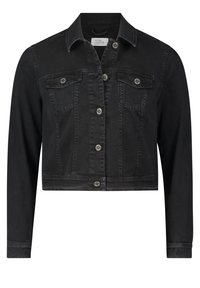 Svart croppad denimjacka med knappstängning framtill, två bröstfickor och klassisk krage. Har metallknappar och kontraststickning.