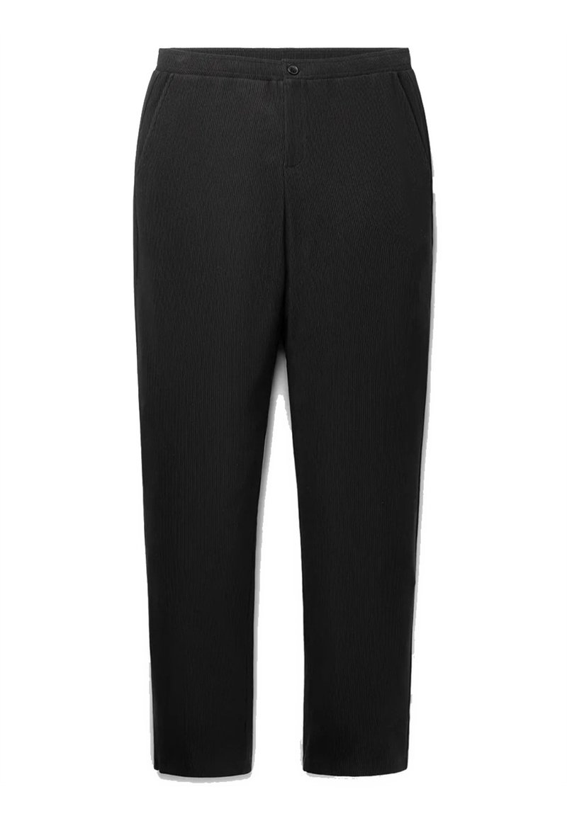Zwarte broek met een recht model, voorzien van een gestructureerde stof, voorzakken en een knoopsluiting aan de taille. Eenvoudig en veelzijdig ontwerp.