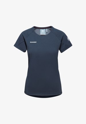 T-shirt de sport bleu marine à manches courtes avec encolure ronde, logo Mammut sur la poitrine et la manche gauche, tissu en maille respirante.