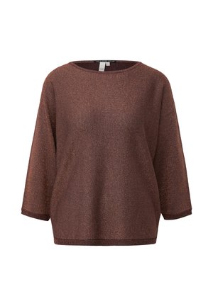 Pull en maille marron foncé avec une coupe décontractée, un col bateau large et des manches trois-quarts. Texture douce avec un subtil éclat métallique.
