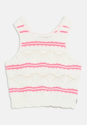 Bílý pletený krátký top bez rukávů s růžovými vodorovnými pruhy a vroubkovaným lemem.
