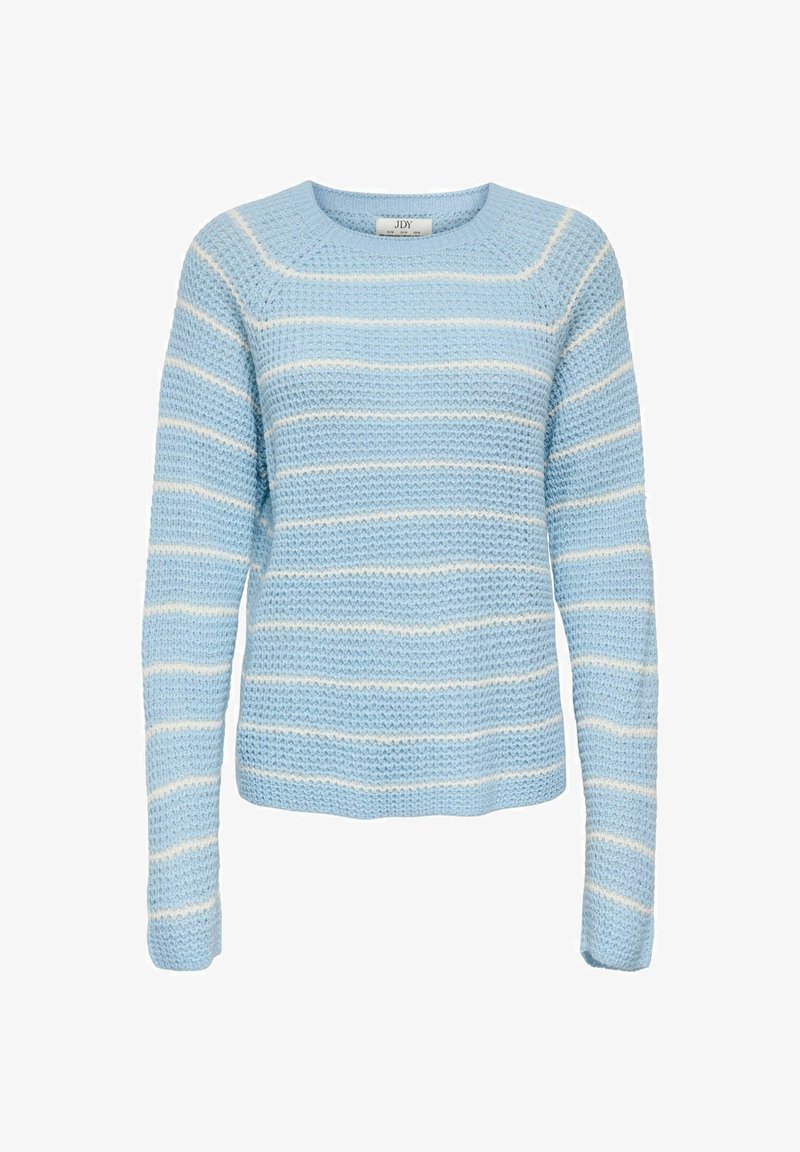 Pull en tricot bleu clair avec des rayures horizontales blanches, col rond, manches longues et tissu texturé. Conception simple et coupe droite.