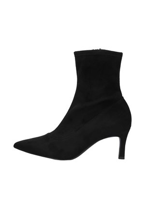 Black suede ankle boot with pointed toe and slim mid-height heel, side zipper closure, smooth silhouette.