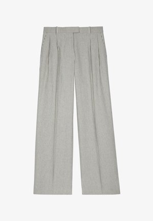 Gestreepte wijde broek in grijs en wit. Kenmerkt zich door plooien, een ontspannen pasvorm en een gladde textuur. Geschikt voor verschillende gelegenheden.
