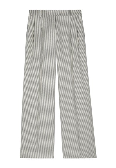 Pantalons larges à rayures en gris et blanc. Dotés de plis, d'une coupe décontractée et d'une texture lisse. Adaptés à diverses occasions.