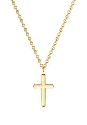 Collana in oro con ciondolo a croce lucido, caratterizzata da una texture liscia e una forma geometrica semplice.