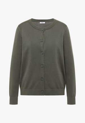 Cardigan tricoté vert olive avec encolure ronde, manches longues, poignets et ourlet côtelés, et six boutons sur le devant.