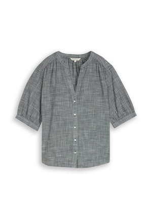 Blouse à carreaux grise pour femme avec manches bouffantes trois-quarts, boutonnage sur le devant et col rond avec une petite découpe en V.