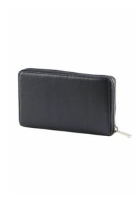 Portefeuille en cuir noir avec une surface texturée et une fermeture éclair. Présente une forme rectangulaire mince et un accent de fermeture éclair argentée.