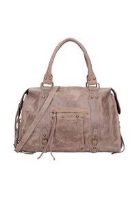 Borsa a mano in pelle beige con superficie strutturata, finiture in tono oro, doppio manico superiore e tracolla removibile. Presenta una tasca frontale con zip.