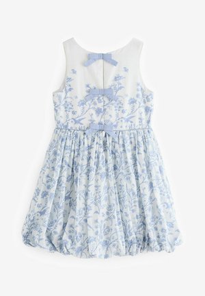 Lys blå blomster mønstret kjole, uden ærmer med rund halsudskæring, har tre sløjfer bagpå og en samlet nederdel med bobbelkant.