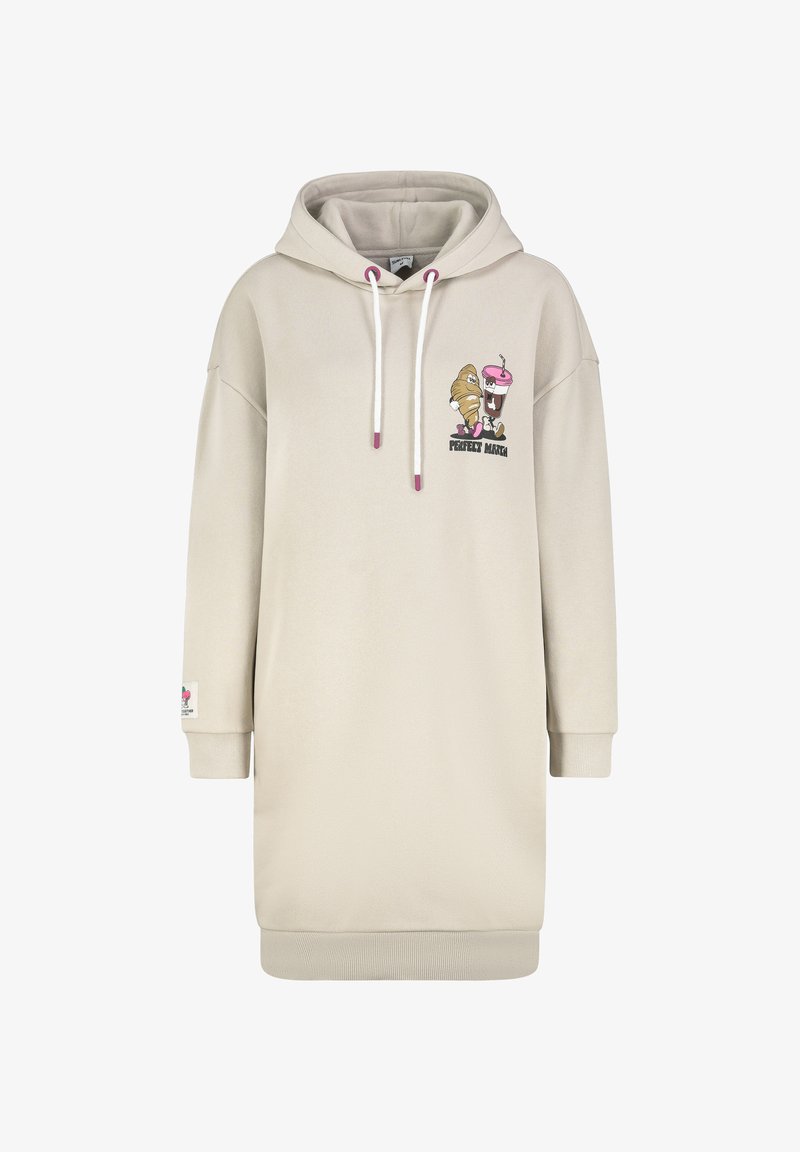 Beiges Kapuzenkleid aus weichem Material, mit einer Kordelzugkapuze, oversized Schnitt und cartoonhaften Grafikelementen auf der Vorderseite.