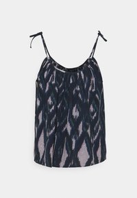 Granatowy top bez rękawów z teksturowanym wzorem ikat w ciemnych i jasnych tonach. Posiada regulowane ramiączka i luźny krój.