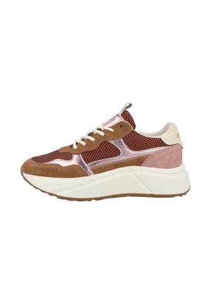 Brown and pink mesh and suede sneaker with white laces, thick white sole, and beige heel tab, viewed from the side on white background.