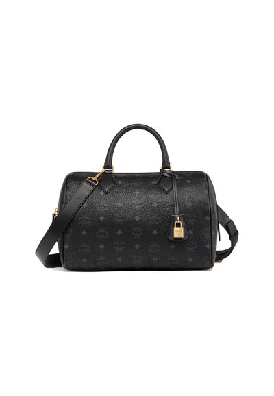 Borsa a mano in pelle nera con motivo in rilievo del logo MCM, manici arrotondati, tracolla staccabile e lucchetto in tonalità oro. Superficie testurizzata.