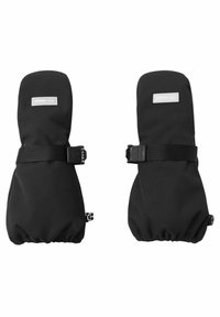 Schwarze wasserdichte Handschuhe mit einem schlanken Design, verstellbarem Riemen und elastischen Bündchen. Das Material ist glatt mit einer matten Oberfläche.