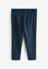 Laivastonsiniset räätälöidyt housut, joissa on sileä pinta, litteä etuosa, vyölenkit ja kaksi sivutaskua.