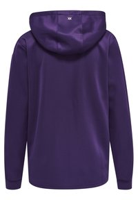 Felpa con cappuccio viola caratterizzata da maniche lunghe, una texture morbida e dettagli di cucitura. Il logo è posizionato sopra il cappuccio.