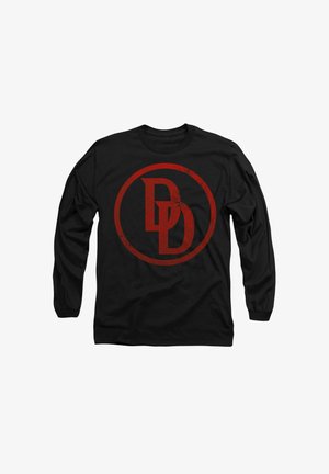 Black long-sleeve t-shirt featuring a distressed red circular logo with overlapping "D" letters in the center. Soft fabric, crew neck design.