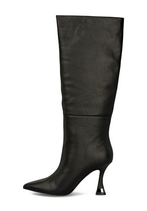 Black leather knee-high boot with a pointed toe and a sculpted heel. Smooth texture, seamless design with a subtle shine.