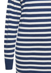 Tricou lung cu mânecă, dungat alb și bleumarin, cu o textură moale, având dungi orizontale uniform dispuse și manșete cu model.