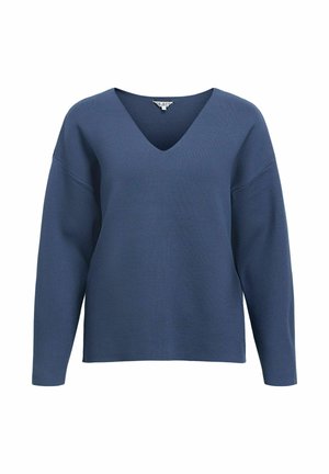 Pull-over en V à manches longues bleu avec une coupe décontractée et des épaules tombantes, présenté sur un fond blanc.