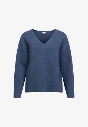 Maglione blu a maniche lunghe con scollatura a V, dalla vestibilità rilassata e spalle basse, esposto su uno sfondo bianco.