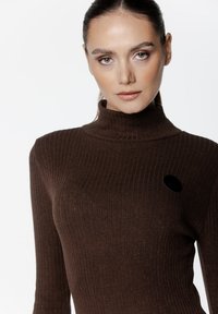 Brązowy sweter z golfem w prążki, o dopasowanej sylwetce i czarnym okrągłym akcentem po lewej stronie. Miękka tekstura i gładkie wykończenie.
