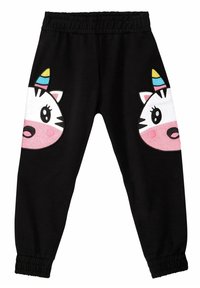 Schwarze Jogginghose mit elastischem Bund; seitliche farbenfrohe Designs von Einhorn- und Zebra-Gesichtern; weicher Stoff mit elastischen Bündchen.