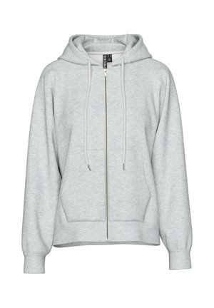 Helehall zipiga dressipluus esitaskute, kapuutsi nööriga ning soonikkoes ääre- ja varrukaäärtega, valgel taustal.