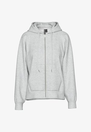 Helehall zipiga dressipluus esitaskute, kapuutsi nööriga ning soonikkoes ääre- ja varrukaäärtega, valgel taustal.